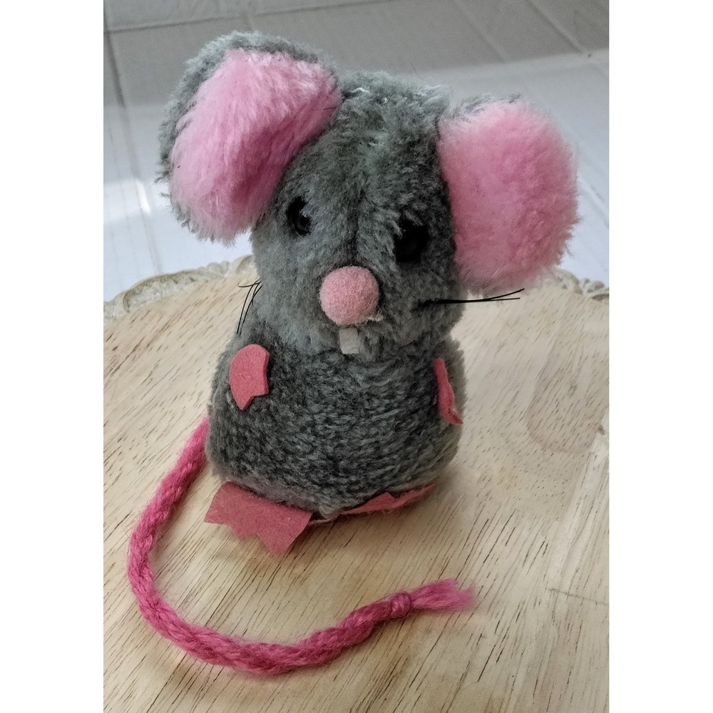Vintage Russ Berrie Mouse Plush Toy Grey Pink Whiskers Nutshell Stuffing 1970s